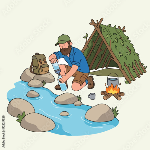 Bushcraft survivalist filtering water by a stream at primitive woodland campsite