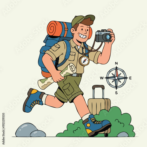 Cheerful Man Traveler Hiking With Backpack Camera Map And Compass Illustration