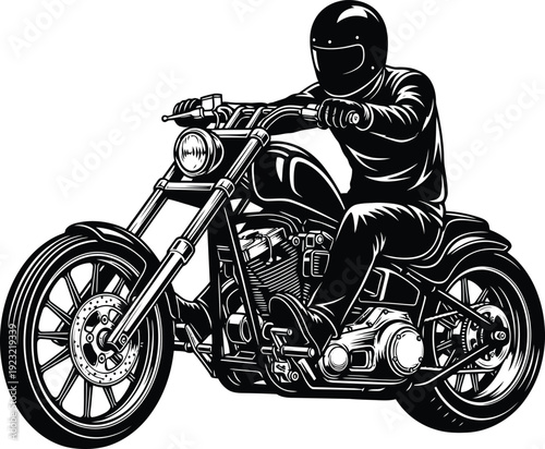 Monochrome illustration of a helmeted biker riding a classic custom chopper motorcycle with high handlebars.