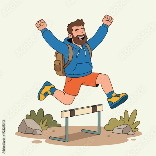 Joyful Bearded Man with Backpack Jumping Over Hurdle Achieving Success