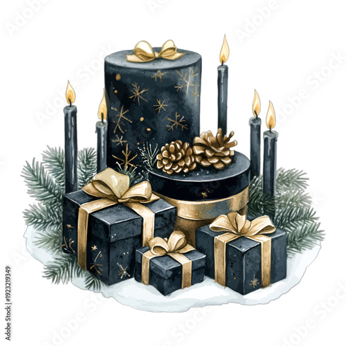 Black and Gold Christmas Gift Boxes with Taper Candles and Pine Cones