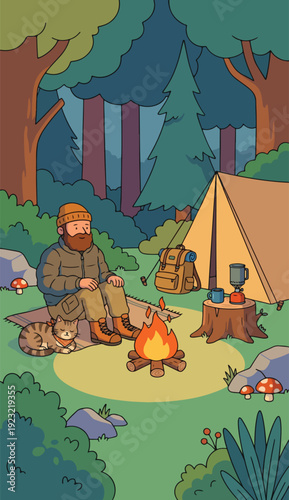 Cozy illustration of a bearded man and his cat camping in the woods