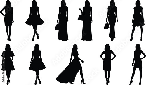 Black women fashion silhouettes set, diverse female figures in dresses and evening gowns, standing lady profiles for clothing design elements,