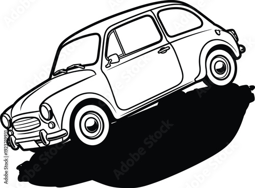 Photography Simple black and white line art of a classic rounded twodoor subcompact car in a dynamic tilted pose