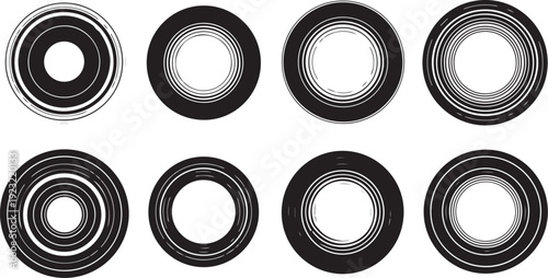 Black and white concentric circles design elements isolated
