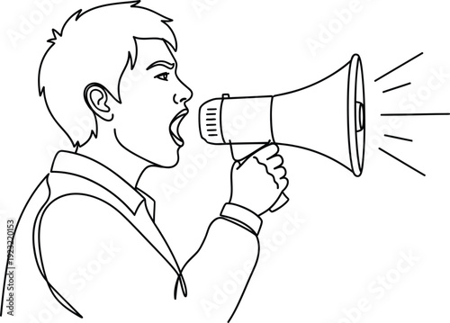 Profile line drawing of a man with an open mouth shouting loudly into a megaphone representing an announcement.