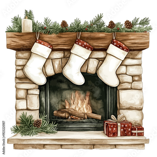 Watercolor Illustration of a Cozy Stone Fireplace with Three Christmas Stockings, Burning Logs, and Gift Boxes Isolated on White
