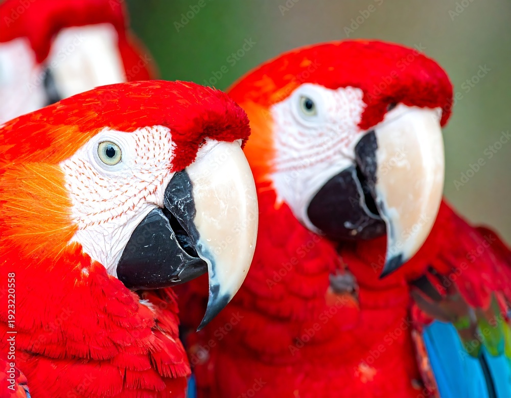 Fototapeta premium A vibrant close-up of two red parrots with distinctive beaks