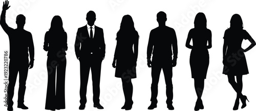 Diverse Group of People Silhouettes, Standing Professional Men and Women in Business and Casual Attire, Set of Human Figures Isolated on White Background