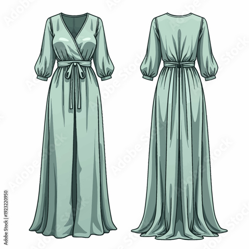 Elegant sage green wrap maxi dress for women featuring puff sleeves and a flowing skirt ideal for romantic wedding guest attire or sophisticated garden parties.
