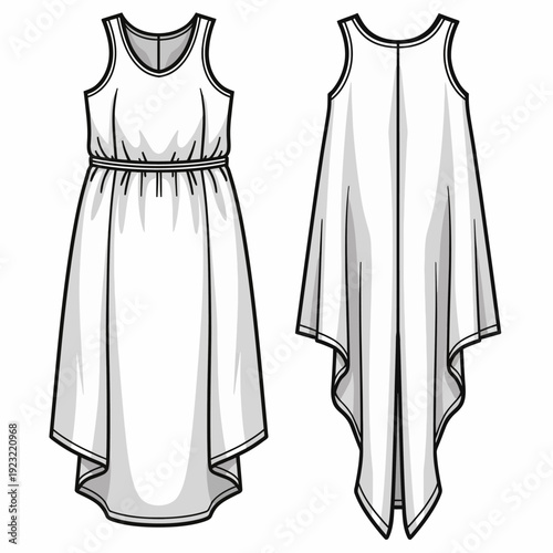 Elegant white sleeveless midi dress featuring a stylish handkerchief hemline and gathered waist perfect for summer events and casual garden parties.
