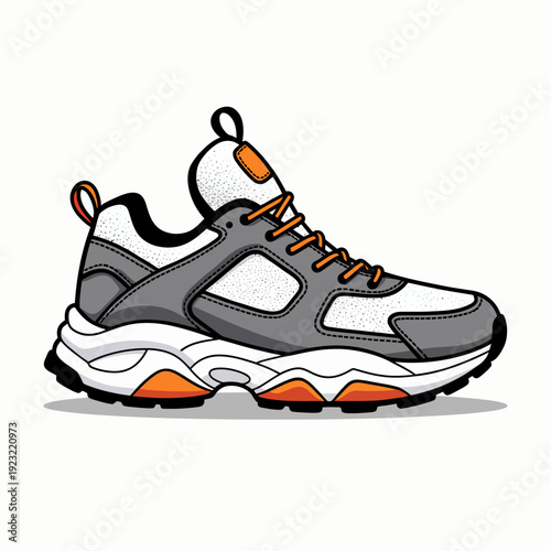 High performance grey athletic sneakers with vibrant orange accents and durable soles designed for running gym workouts and active lifestyle fitness.
