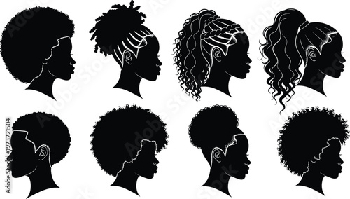 Set of African American Woman Profile Silhouettes with Natural Hair, Diverse Hairstyles Including Afro, Braids, Curls, and Ponytails for Beauty Salon Branding Vector