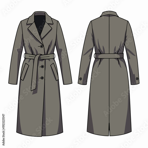 Elegant grey tailored trench coat for women featuring a matching tie belt and classic lapels, an essential outerwear piece for professional and formal style.
