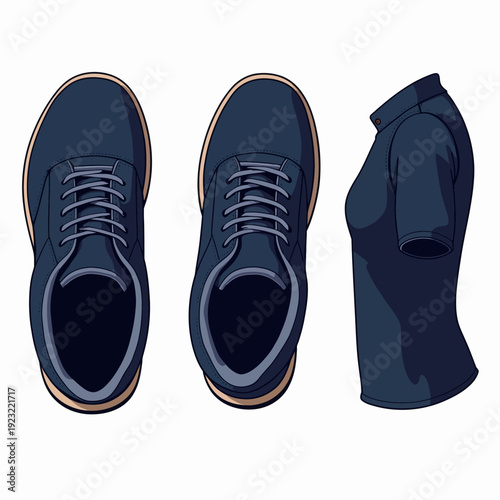 Complete your smart casual look with this matching men's fashion set featuring navy blue leather sneakers and a classic polo shirt for professional everyday style.
