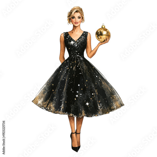 Elegant Woman in Black Star Patterned Party Dress Holding Gold Ornament