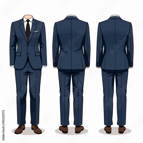 Look sharp at your next formal event with this classic navy blue slim fit three-piece suit for men featuring a tailored blazer and matching trousers for weddings.
