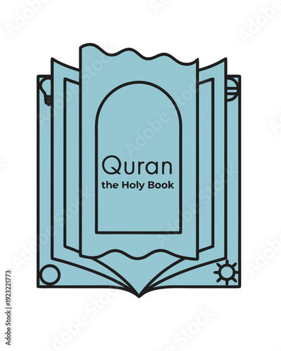 Stylized vector icon of an open Quran, the holy book of Islam, symbolizing faith, wisdom, and spiritual guidance
