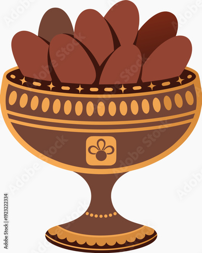 Professional flat vector illustration depicting dates in a richly decorated bowl, suitable for cultural food designs