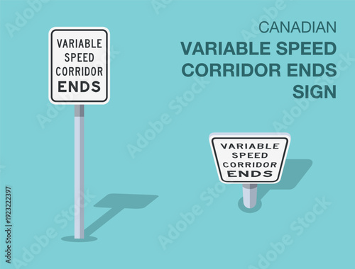 Traffic regulation rules. Isolated canadian "variable speed corridor ends" road sign. Front and top view. Flat vector illustration template.