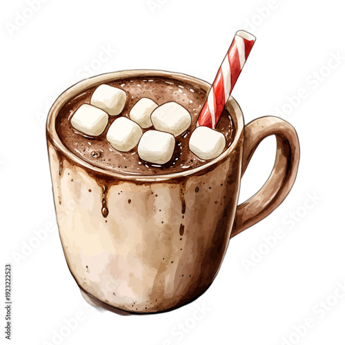 Watercolor Illustration of a Cozy Mug of Hot Chocolate with Marshmallows and a Candy Cane Straw Isolated on White