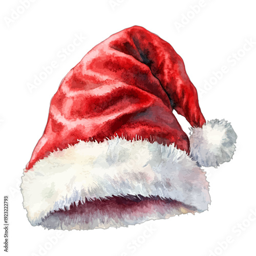 Watercolor Illustration of a Classic Red Santa Hat with White Faux Fur Trim and Pom Pom Isolated on White Background