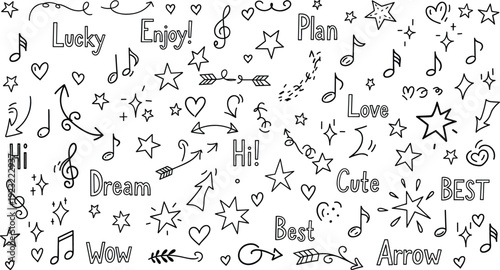 Mega collection of hand drawn doodle elements featuring stars hearts musical notes arrows and positive decorative text phrases