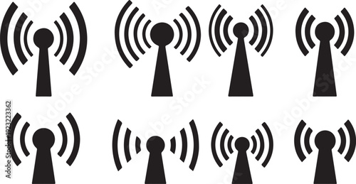 Black and white illustration of multiple cell tower icons