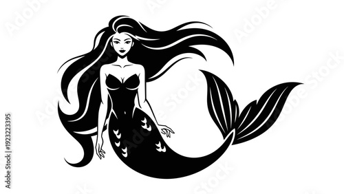 Black and White Mermaid Silhouette with Flowing Hair and Tail, Mythical Sea Creature