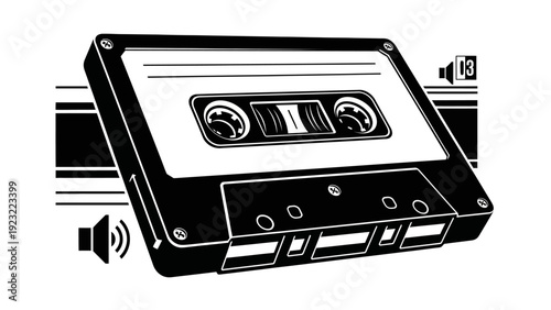 Retro Cassette Tape with Sound Wave Icons, Vintage Audio Recording Media