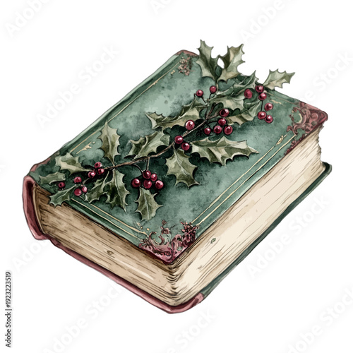 Watercolor Illustration of a Vintage Green Hardcover Book Decorated with a Christmas Holly Branch and Red Berries Isolated on White
