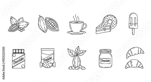 Modern Monoline Cocoa and Chocolate Icons Set with Beans Hot Drink Cake Candy and Dessert Outline Vector