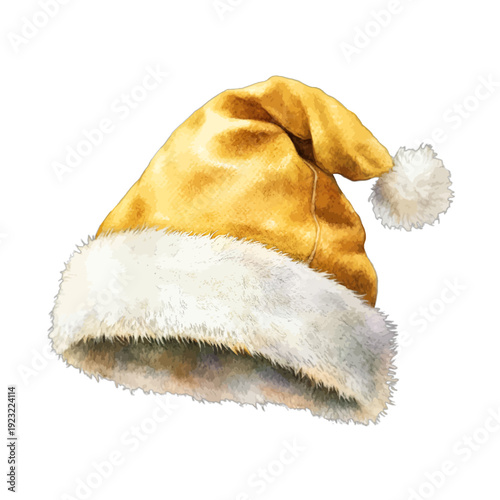 Watercolor Illustration of a Golden Yellow Santa Hat with White Faux Fur Trim and Pom Pom Isolated on White Background
