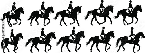 Horse rider silhouette sequence, dynamic vector illustration showing motion and gait progression for equestrian, animation, and educational design use
