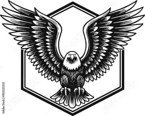 Stylized black and white eagle vector illustration with wings fully spread, frontal symmetrical pose, detailed feathers, hexagonal frame design