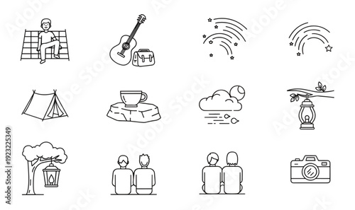 Premium Outdoor Adventure  Camping Icon Pack - 12 Minimalist Line Art Graphics for Travel Stories, Stargazing Guides, Photography Branding  Lifestyle UI Assets