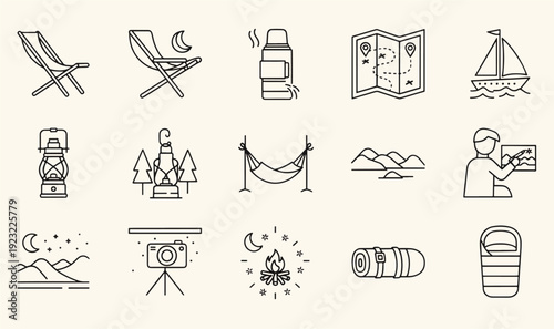 Premium Outdoor Adventure  Camping Icon Pack - 15 Minimalist Line Art Graphics for Travel Blogs, Hiking Apps, Nature Illustration  Lifestyle Branding Assets