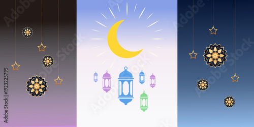 Ramadan Kareem Crescent Moon, Lanterns, Stars, Mandala, Islamic Celebration