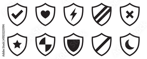 Shield Silhouettes Icon Set with Security Symbols Check Heart Lightning Star and Moon Flat Vector Illustration