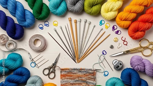 Colorful yarns and knitting tools arranged artistically on a wooden surface, showcasing a cozy crafting scene