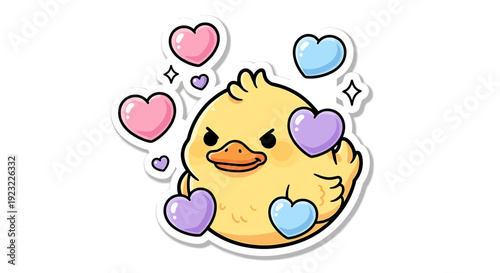 Cute cartoon duck character surrounded by colorful hearts, sticker design