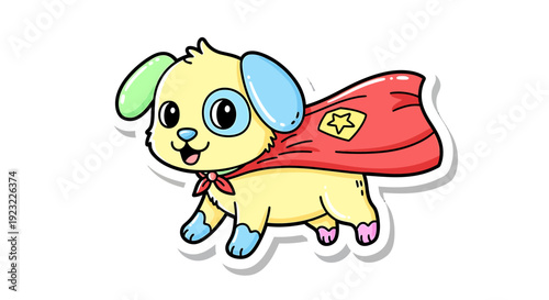 Cute cartoon superhero dog character with red cape, sticker style