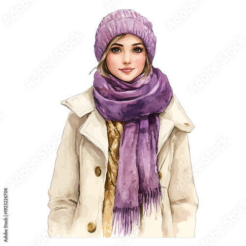 Watercolor Portrait of a Young Woman in a White Coat and Purple Knitted Beanie and Scarf
