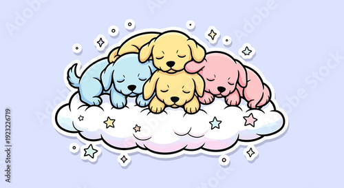 Cute Puppies Sleeping on a Cloud with Stars