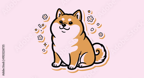 Cute Shiba Inu Dog Cartoon Illustration with Flowers and Sparkles