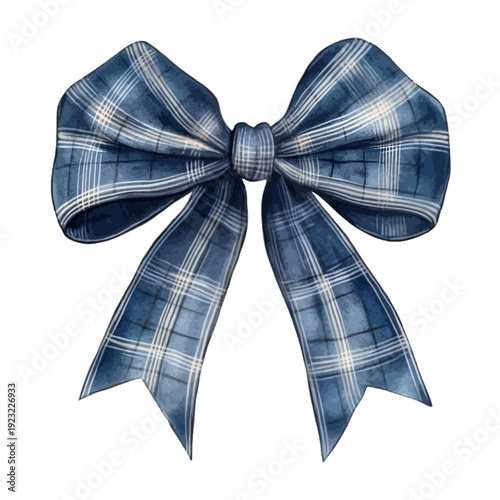 Watercolor Blue Plaid Ribbon Bow with Gingham Checkered Pattern

