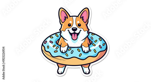 Happy Corgi Dog in Donut Float, Summer Fun, Cartoon Style Sticker