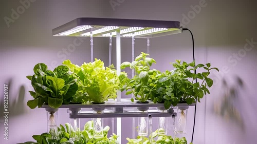 Indoor hydroponic garden with vibrant lettuce and herbs under LED lighting, showcasing modern cultivation