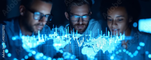 Business in quality health tourism. Innovative Business Team Analyzing Health Tourism Feasibility with Augmented Reality Charts and Global Trends Overlay