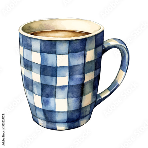 Watercolor blue plaid coffee mug with checkered pattern isolated on white